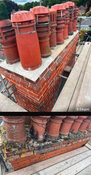 The same stack before and after, from the scaffold