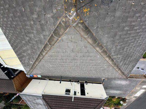 Ridge and hip lines of the tiled roof seen from above