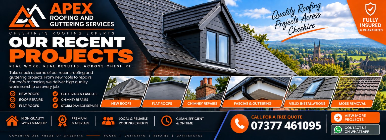 Our recent roofing projects across Cheshire &ndash; new roofs, flat roofs, chimney repairs, fascias and guttering, Velux installations and moss removal
